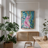 Maximalist Cockatoo by Yvette St. Amant. shown as a print in a natural wood frame in a dining room. Available as a archival giclee rolled canvas, fine art paper, or poster print. SKU 90751h.