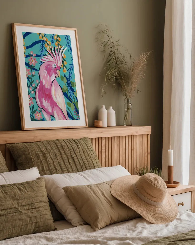 Maximalist Cockatoo by Yvette St. Amant. shown as a paper print in a natural frame. Available as a archival giclee rolled canvas, fine art paper, or poster print. SKU 90751h.