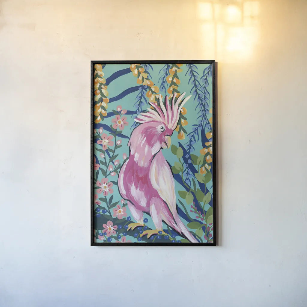 Maximalist Cockatoo by Yvette St. Amant. shown as a paper print in a black flame. Available as a archival giclee rolled canvas, fine art paper, or poster print. SKU 90751h.