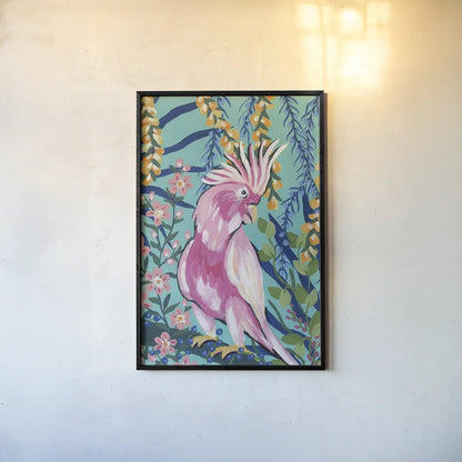 Maximalist Cockatoo by Yvette St. Amant. shown as a paper print in a black flame. Available as a archival giclee rolled canvas, fine art paper, or poster print. SKU 90751h.