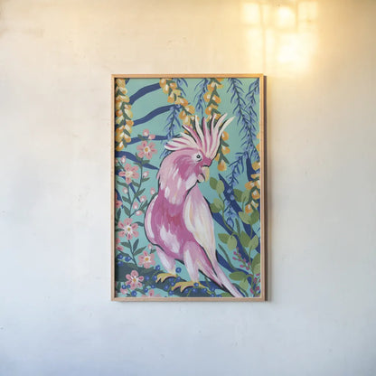 Maximalist Cockatoo by Yvette St. Amant. shown as a paper print in a natural frame. Available as a archival giclee rolled canvas, fine art paper, or poster print. SKU 90751h.