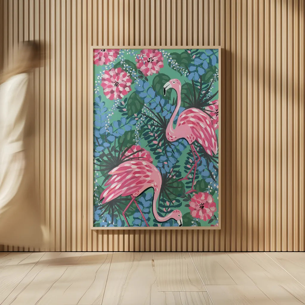 Maximalist Flamingos by Yvette St. Amant. shown as over sized large wall art. Available as an archival giclee rolled canvas, fine art paper, or poster print. SKU 89307h.