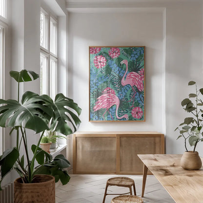 Maximalist Flamingos by Yvette St. Amant. shown as a print in a natural wood frame in a dining room. Available as a archival giclee rolled canvas, fine art paper, or poster print. SKU 89307h.