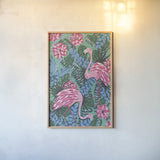 Maximalist Flamingos by Yvette St. Amant. shown as a paper print in a natural frame. Available as a archival giclee rolled canvas, fine art paper, or poster print. SKU 89307h.
