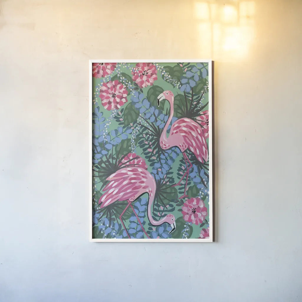 Maximalist Flamingos by Yvette St. Amant. shown as a paper print in a white frame. Available as a archival giclee rolled canvas, fine art paper, or poster print. SKU 89307h.