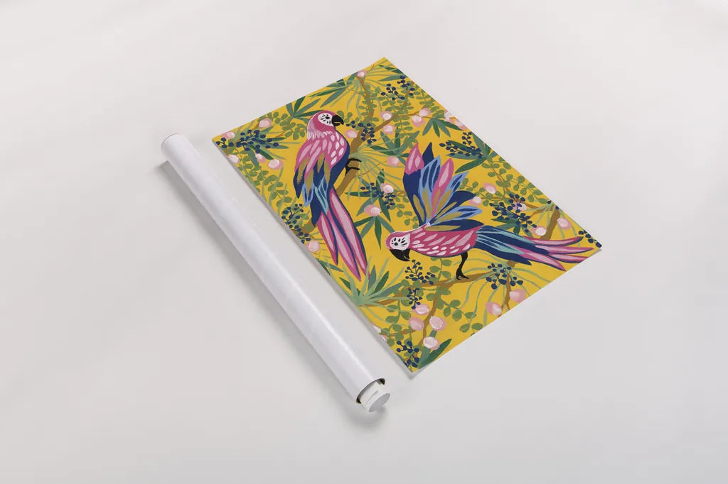 Maximalist Parrots by Yvette St. Amant. shown as a rolled paper print. Available as archival giclee rolled canvas, fine art paper, or poster print. SKU 89306h.