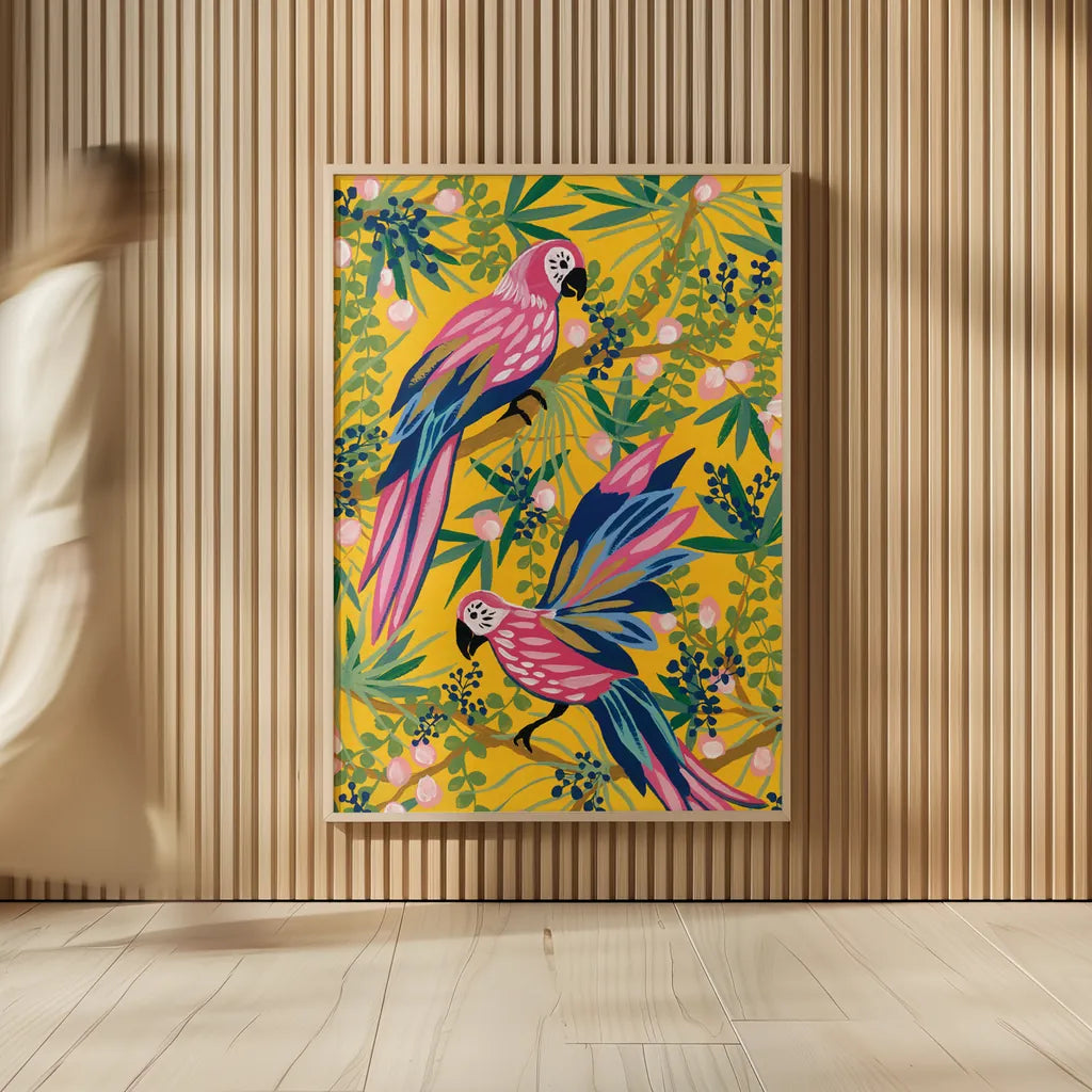 Maximalist Parrots by Yvette St. Amant. shown as over sized large wall art. Available as an archival giclee rolled canvas, fine art paper, or poster print. SKU 89306h.