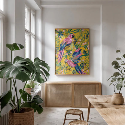 Maximalist Parrots by Yvette St. Amant. shown as a print in a natural wood frame in a dining room. Available as a archival giclee rolled canvas, fine art paper, or poster print. SKU 89306h.