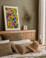 Maximalist Parrots by Yvette St. Amant. shown as a paper print in a natural frame. Available as a archival giclee rolled canvas, fine art paper, or poster print. SKU 89306h.