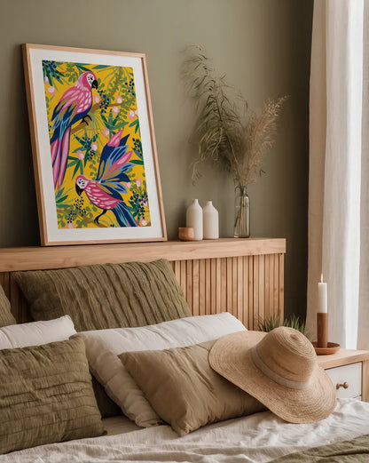 Maximalist Parrots by Yvette St. Amant. shown as a paper print in a natural frame. Available as a archival giclee rolled canvas, fine art paper, or poster print. SKU 89306h.