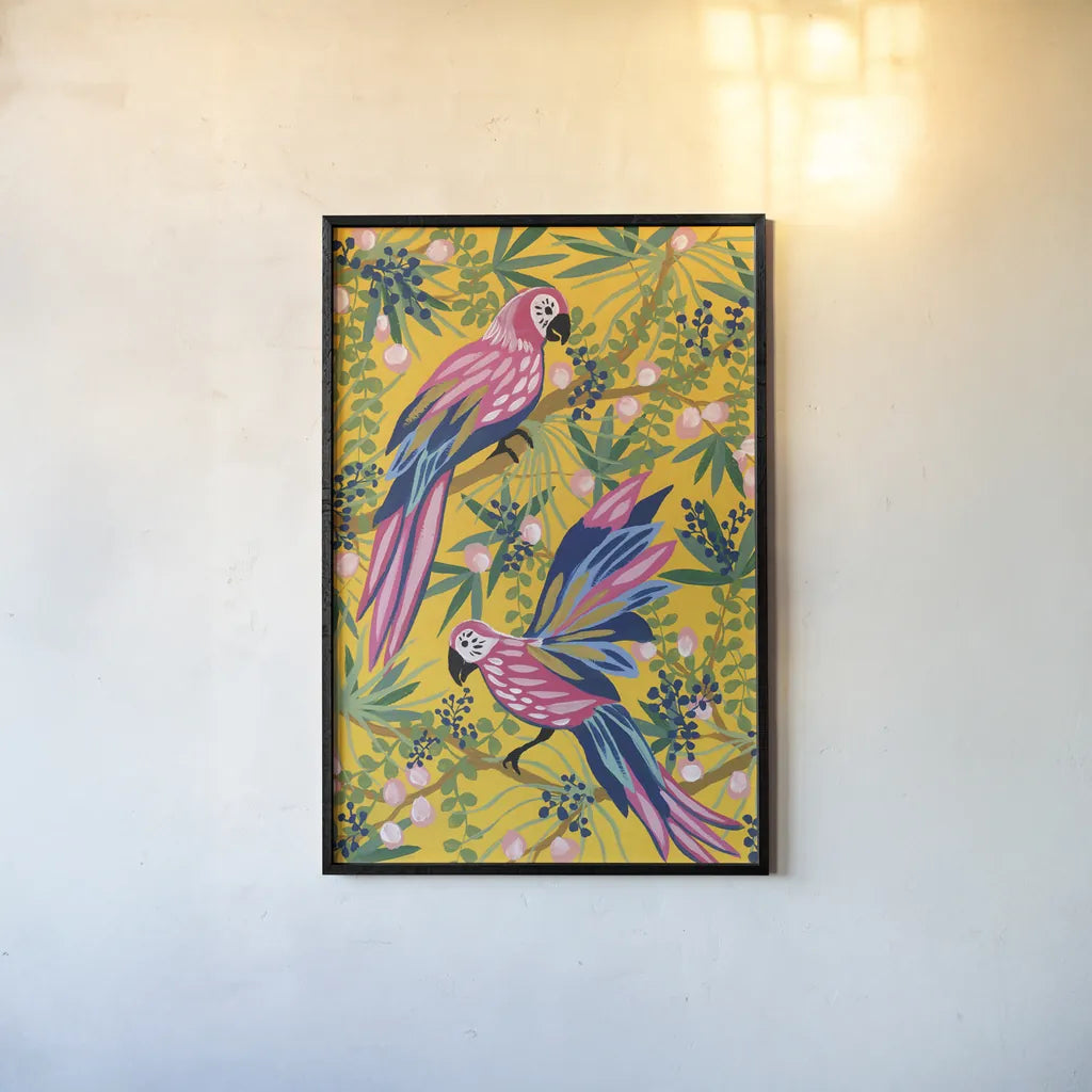 Maximalist Parrots by Yvette St. Amant. shown as a paper print in a black flame. Available as a archival giclee rolled canvas, fine art paper, or poster print. SKU 89306h.