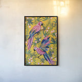 Maximalist Parrots by Yvette St. Amant. shown as a paper print in a black flame. Available as a archival giclee rolled canvas, fine art paper, or poster print. SKU 89306h.