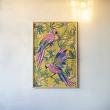 Maximalist Parrots by Yvette St. Amant. shown as a paper print in a natural frame. Available as a archival giclee rolled canvas, fine art paper, or poster print. SKU 89306h.