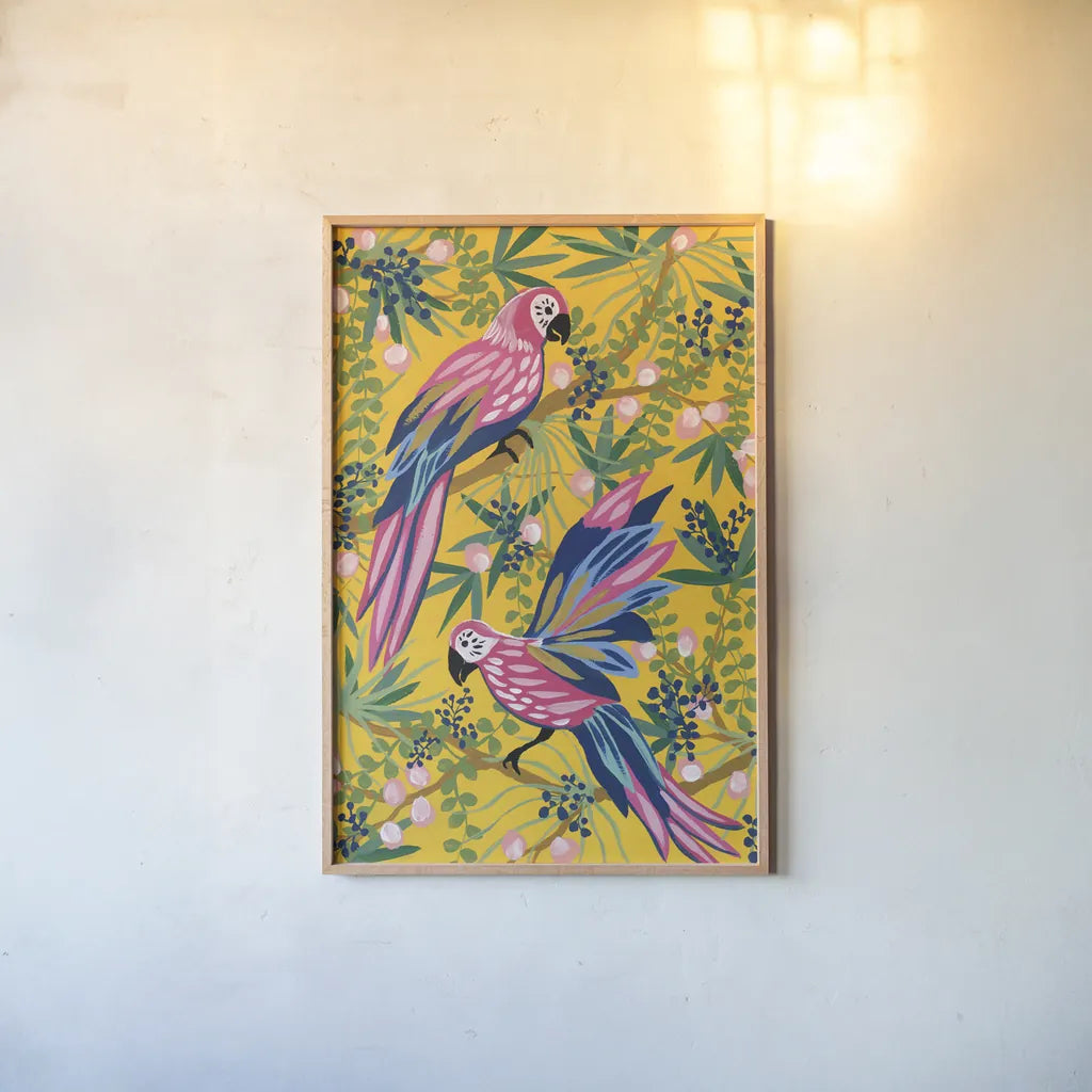 Maximalist Parrots by Yvette St. Amant. shown as a paper print in a natural frame. Available as a archival giclee rolled canvas, fine art paper, or poster print. SKU 89306h.
