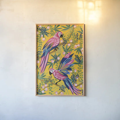 Maximalist Parrots by Yvette St. Amant. shown as a paper print in a natural frame. Available as a archival giclee rolled canvas, fine art paper, or poster print. SKU 89306h.