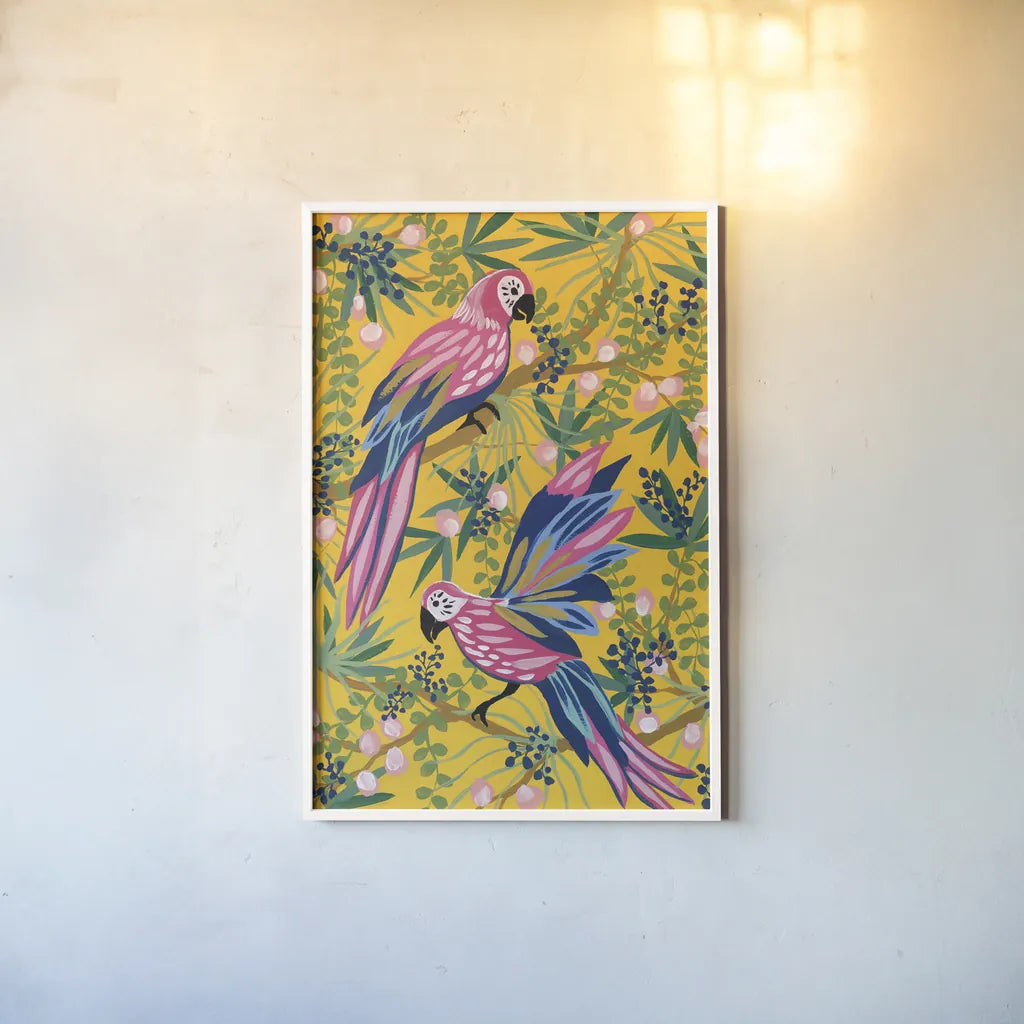Maximalist Parrots by Yvette St. Amant. shown as a paper print in a white frame. Available as a archival giclee rolled canvas, fine art paper, or poster print. SKU 89306h.