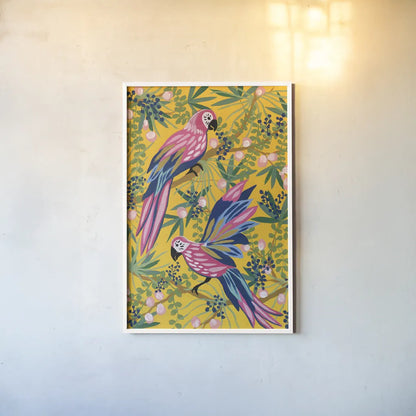 Maximalist Parrots by Yvette St. Amant. shown as a paper print in a white frame. Available as a archival giclee rolled canvas, fine art paper, or poster print. SKU 89306h.