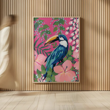 Maximalist Toucan by Yvette St. Amant. shown as over sized large wall art. Available as an archival giclee rolled canvas, fine art paper, or poster print. SKU 89308h.