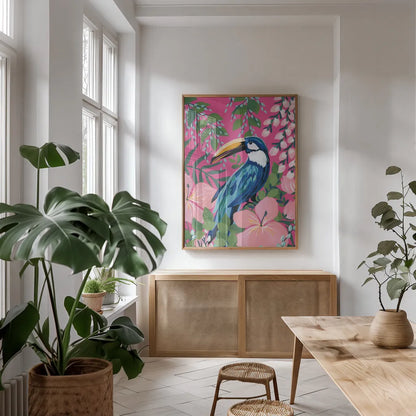 Maximalist Toucan by Yvette St. Amant. shown as a print in a natural wood frame in a dining room. Available as a archival giclee rolled canvas, fine art paper, or poster print. SKU 89308h.