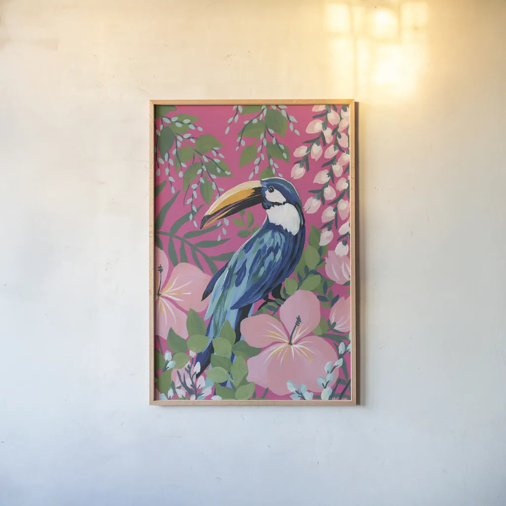 Maximalist Toucan by Yvette St. Amant. shown as a paper print in a natural frame. Available as a archival giclee rolled canvas, fine art paper, or poster print. SKU 89308h.