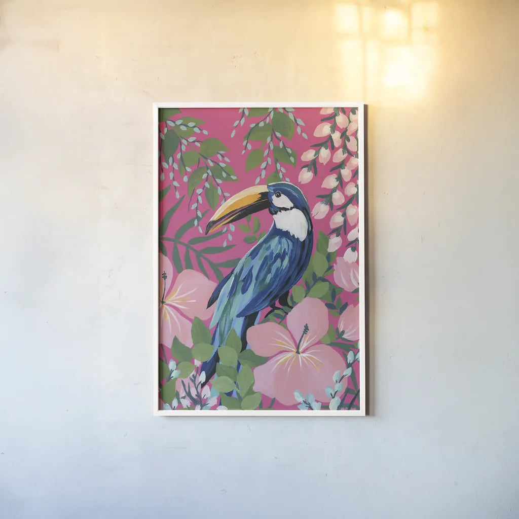 Maximalist Toucan by Yvette St. Amant. shown as a paper print in a white frame. Available as a archival giclee rolled canvas, fine art paper, or poster print. SKU 89308h.