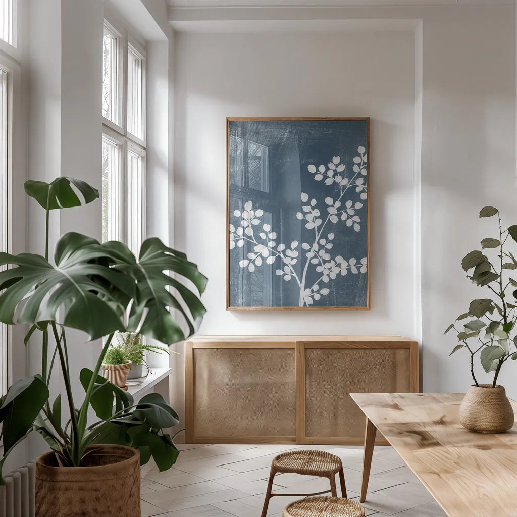 Meadow Breeze I by Yvette St. Amant. shown as a print in a natural wood frame in a dining room. Available as a archival giclee rolled canvas, fine art paper, or poster print. SKU 91734h.