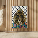 Miami Living Lion Portrait II Diamond Background by Yvette St. Amant. shown as over sized large wall art. Available as an archival giclee rolled canvas, fine art paper, or poster print. SKU 101260h.