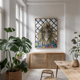 Miami Living Lion Portrait II Diamond Background by Yvette St. Amant. shown as a print in a natural wood frame in a dining room. Available as a archival giclee rolled canvas, fine art paper, or poster print. SKU 101260h.