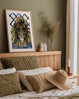 Miami Living Lion Portrait II Diamond Background by Yvette St. Amant. shown as a paper print in a natural frame. Available as a archival giclee rolled canvas, fine art paper, or poster print. SKU 101260h.