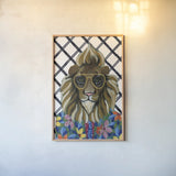 Miami Living Lion Portrait II Diamond Background by Yvette St. Amant. shown as a paper print in a natural frame. Available as a archival giclee rolled canvas, fine art paper, or poster print. SKU 101260h.