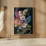 Midnight Floral by Yvette St. Amant. shown as over sized large wall art. Available as an archival giclee rolled canvas, fine art paper, or poster print. SKU 88370h.