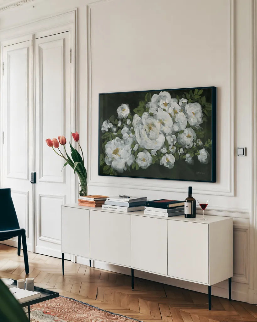 Midnight Roses by Yvette St. Amant. shown as a framed stretched canvas in a living room above a console. Available as a archival giclee rolled canvas, fine art paper, or poster print. SKU 89385i.