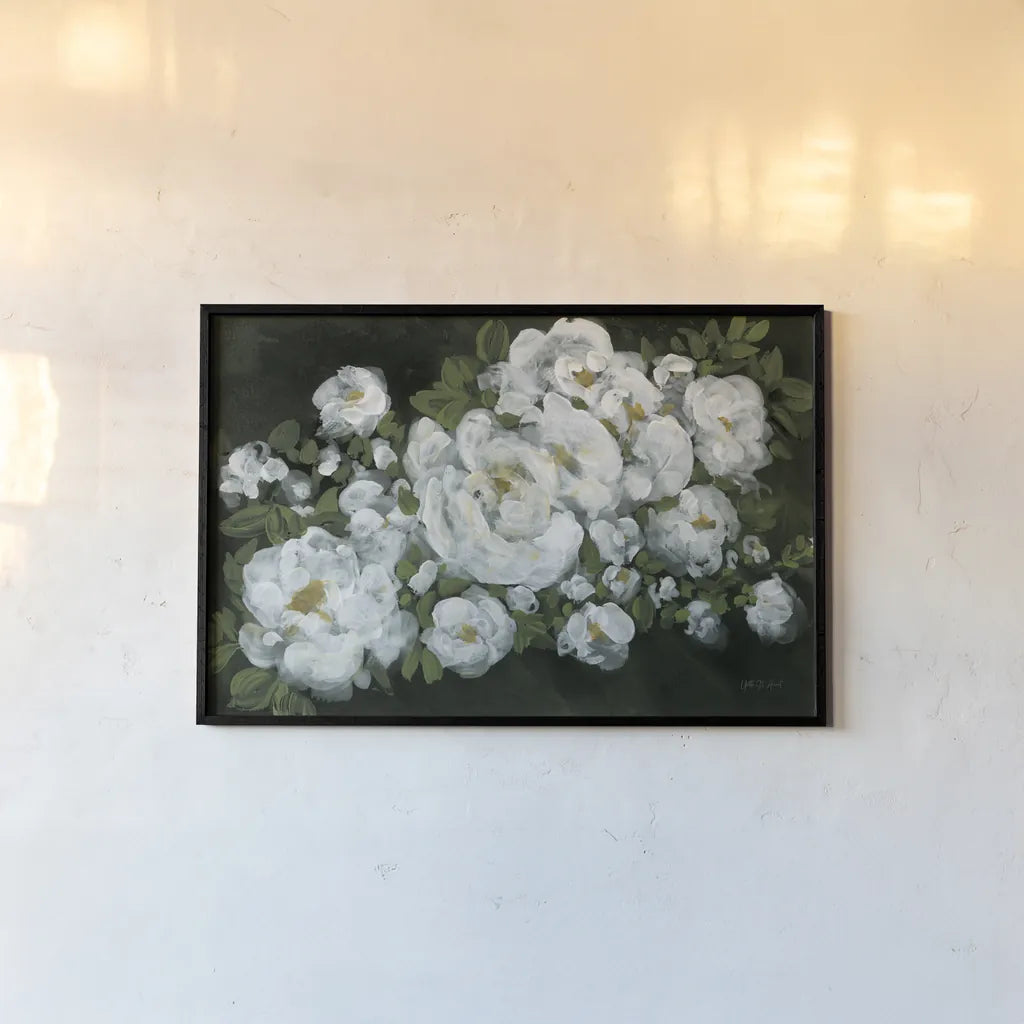 Midnight Roses by Yvette St. Amant. shown as a paper print in a black flame. Available as a archival giclee rolled canvas, fine art paper, or poster print. SKU 89385i.
