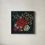 Midwinter Florals I by Yvette St. Amant. Shown in a sleek black glass frame for a contemporary gallery look. Available as an archival giclee rolled canvas, fine art paper, or poster print. SKU 103886a.