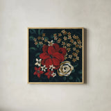 Midwinter Florals I by Yvette St. Amant. Shown in a natural wood glass frame for a timeless modern aesthetic. Available as an archival giclee rolled canvas, fine art paper, or poster print. SKU 103886a.