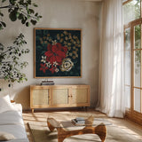 Midwinter Florals I by Yvette St. Amant. Shown in a natural wood frame in a cozy modern living room. Available as an archival giclee rolled canvas, fine art paper, or poster print. SKU 103886a.