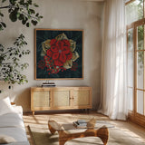 Midwinter Florals II by Yvette St. Amant. Shown in a natural wood frame in a cozy modern living room. Available as an archival giclee rolled canvas, fine art paper, or poster print. SKU 103887a.