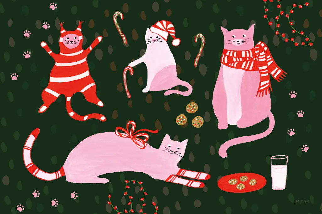 Mischief Kitty Christmas I by Yvette St. Amant. SKU 97540i. Archival Giclee Fine art print for wall decor.
