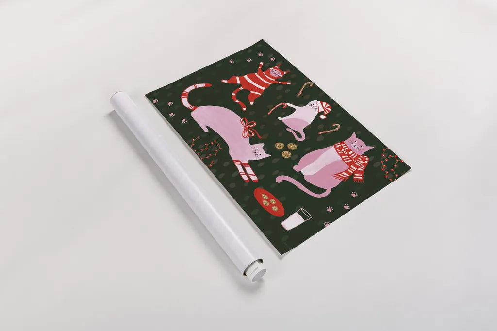 Mischief Kitty Christmas I by Yvette St. Amant. shown as a rolled paper print. Available as archival giclee rolled canvas, fine art paper, or poster print. SKU 97540i.