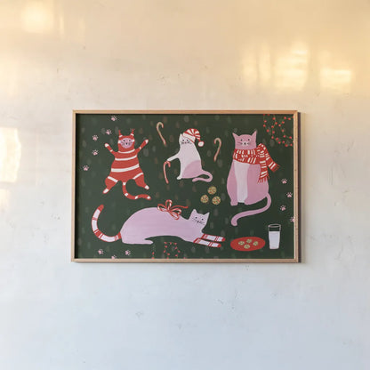 Mischief Kitty Christmas I by Yvette St. Amant. shown as a paper print in a natural frame. Available as a archival giclee rolled canvas, fine art paper, or poster print. SKU 97540i.