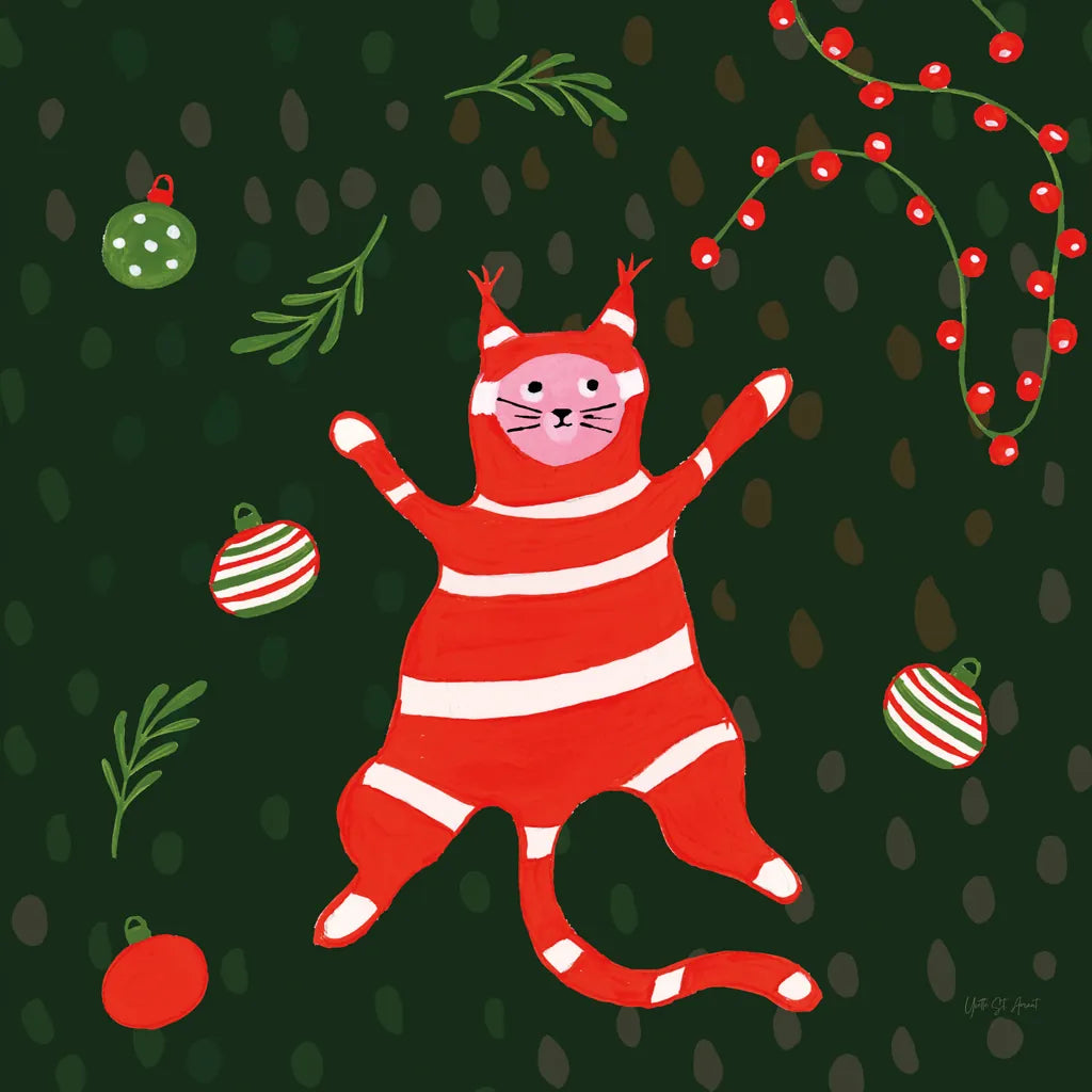 Mischief Kitty Christmas II by Yvette St. Amant. SKU 97541a. Archival Giclee Fine art print for wall decor.