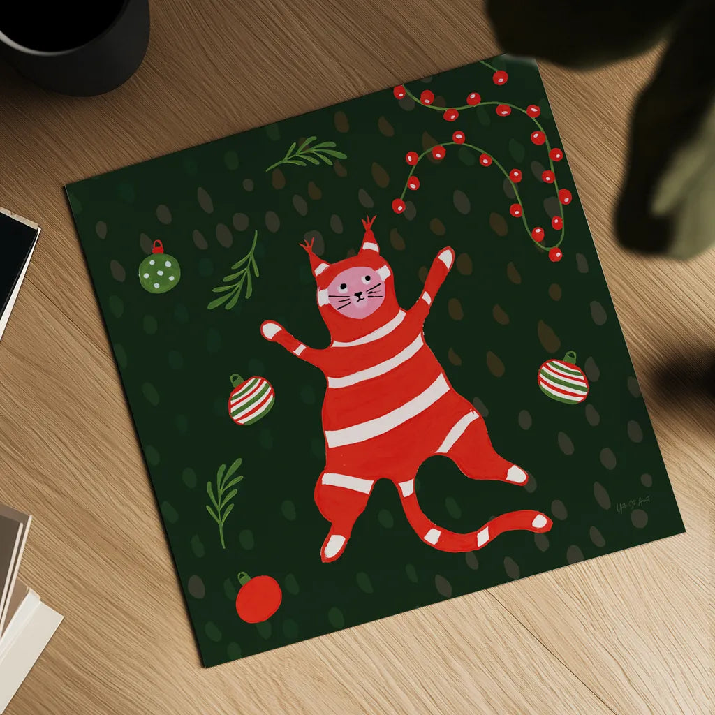 Mischief Kitty Christmas II by Yvette St. Amant. Shown as a detailed flat fine art print, highlighting archival giclee quality. Available as an archival giclee rolled canvas, fine art paper, or poster print. SKU 97541a.