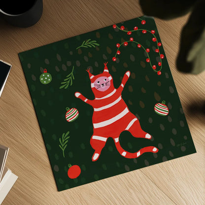 Mischief Kitty Christmas II by Yvette St. Amant. Shown as a detailed flat fine art print, highlighting archival giclee quality. Available as an archival giclee rolled canvas, fine art paper, or poster print. SKU 97541a.