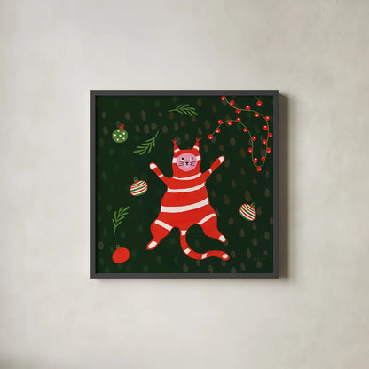 Mischief Kitty Christmas II by Yvette St. Amant. Shown in a sleek black glass frame for a contemporary gallery look. Available as an archival giclee rolled canvas, fine art paper, or poster print. SKU 97541a.