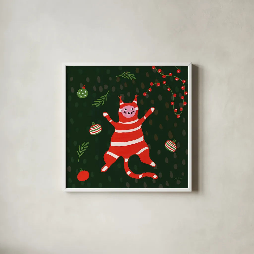 Mischief Kitty Christmas II by Yvette St. Amant. Shown in a crisp white glass frame for a clean and minimalist style. Available as an archival giclee rolled canvas, fine art paper, or poster print. SKU 97541a.