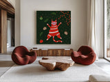 Mischief Kitty Christmas II by Yvette St. Amant. Shown as extra-large giant wall art in a modern living room. Available as an archival giclee rolled canvas, fine art paper, or poster print. SKU 97541a.