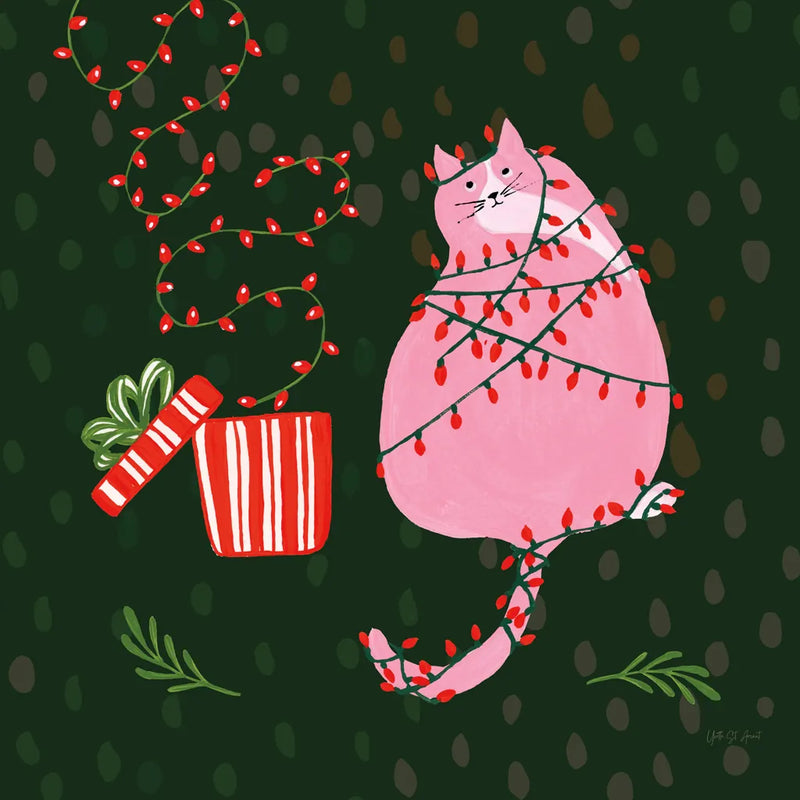 Mischief Kitty Christmas III by Yvette St. Amant. SKU 97542a. Archival Giclee Fine art print for wall decor.