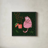 Mischief Kitty Christmas III by Yvette St. Amant. Shown in a sleek black glass frame for a contemporary gallery look. Available as an archival giclee rolled canvas, fine art paper, or poster print. SKU 97542a.