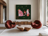 Mischief Kitty Christmas IV by Yvette St. Amant. Shown as extra-large giant wall art in a modern living room. Available as an archival giclee rolled canvas, fine art paper, or poster print. SKU 97543a.