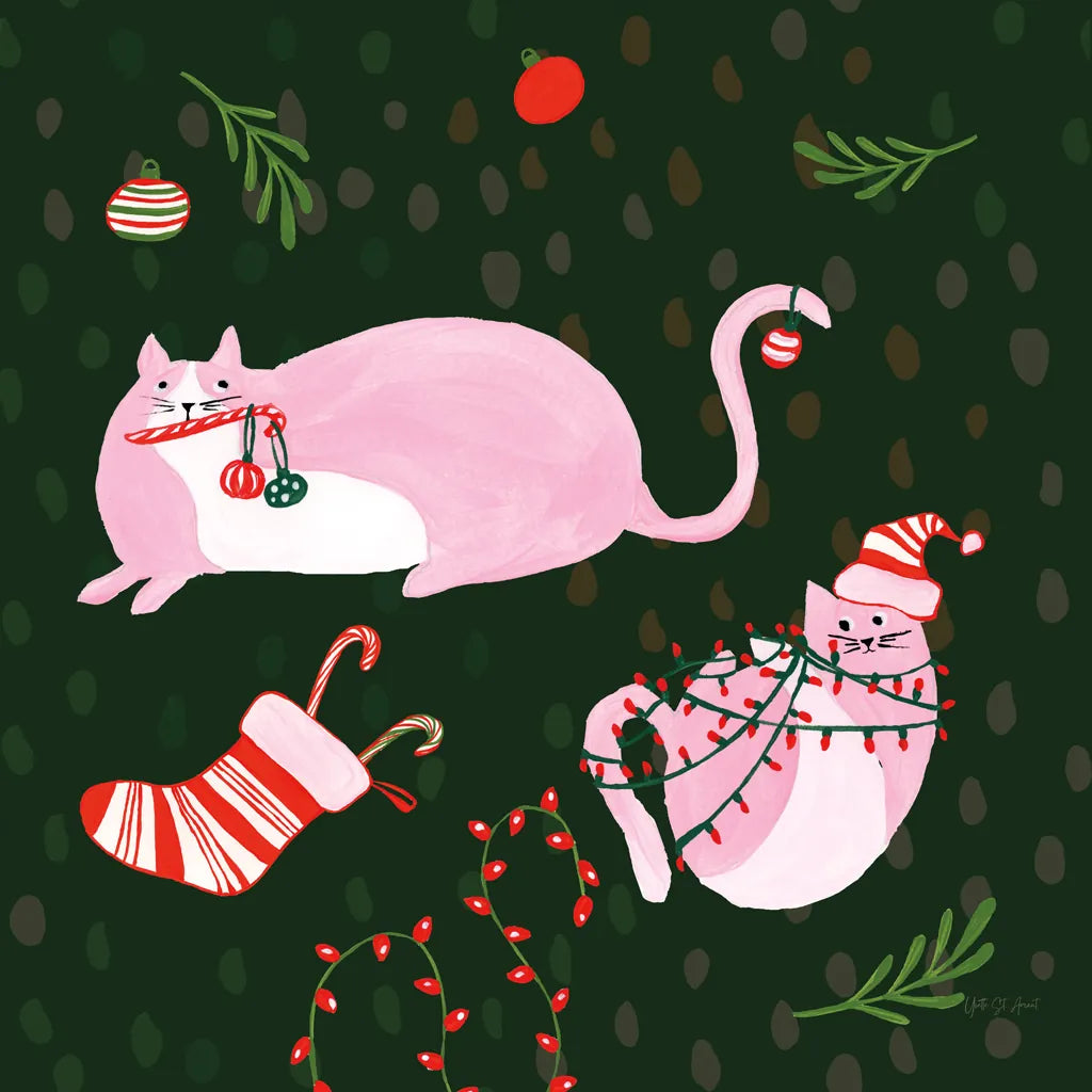 Mischief Kitty Christmas V by Yvette St. Amant. SKU 97544a. Archival Giclee Fine art print for wall decor.